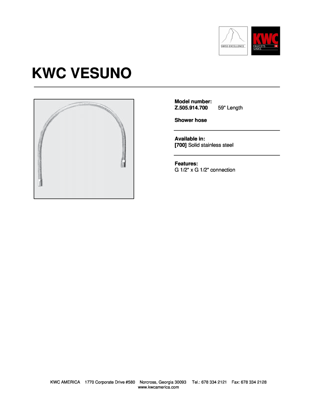 KWC Z.505.914.700 manual Kwc Vesuno, Model number, Length, Shower hose, Available in, Solid stainless steel, Features 