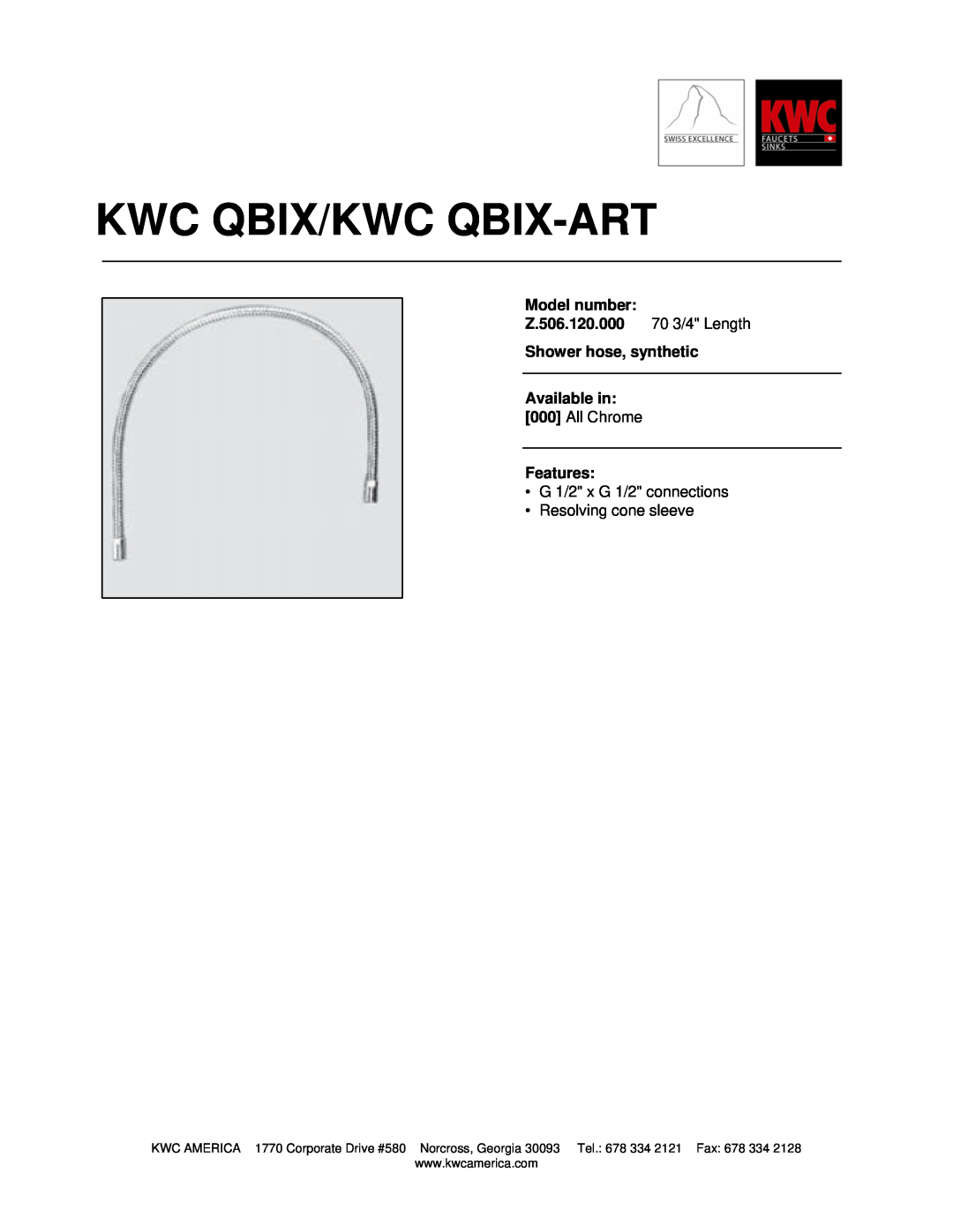 KWC manual Kwc Qbix/Kwc Qbix-Art, Model number Z.506.120.000 70 3/4 Length, Shower hose, synthetic 