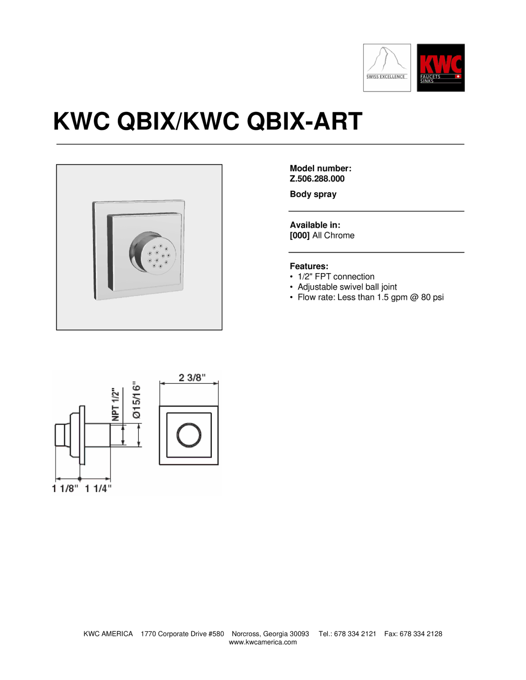 KWC Z.506.288.000 manual Kwc Qbix/Kwc Qbix-Art, Model number 506.288.000 Body spray Available, Features 