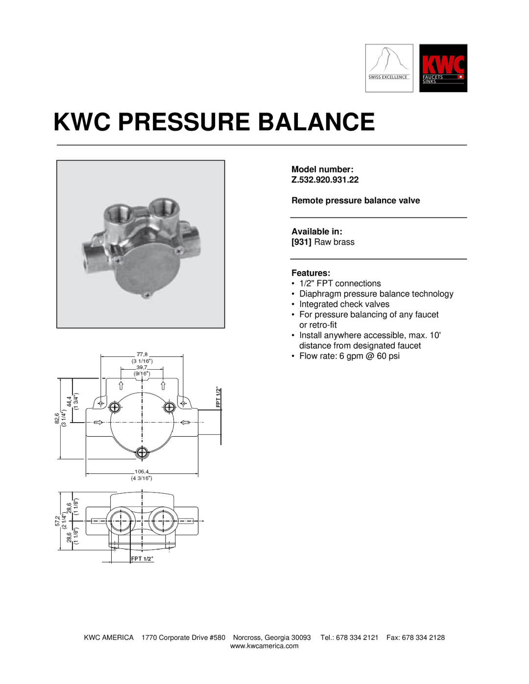 KWC Z.532.920.931.22 manual KWC Pressure Balance, Features 