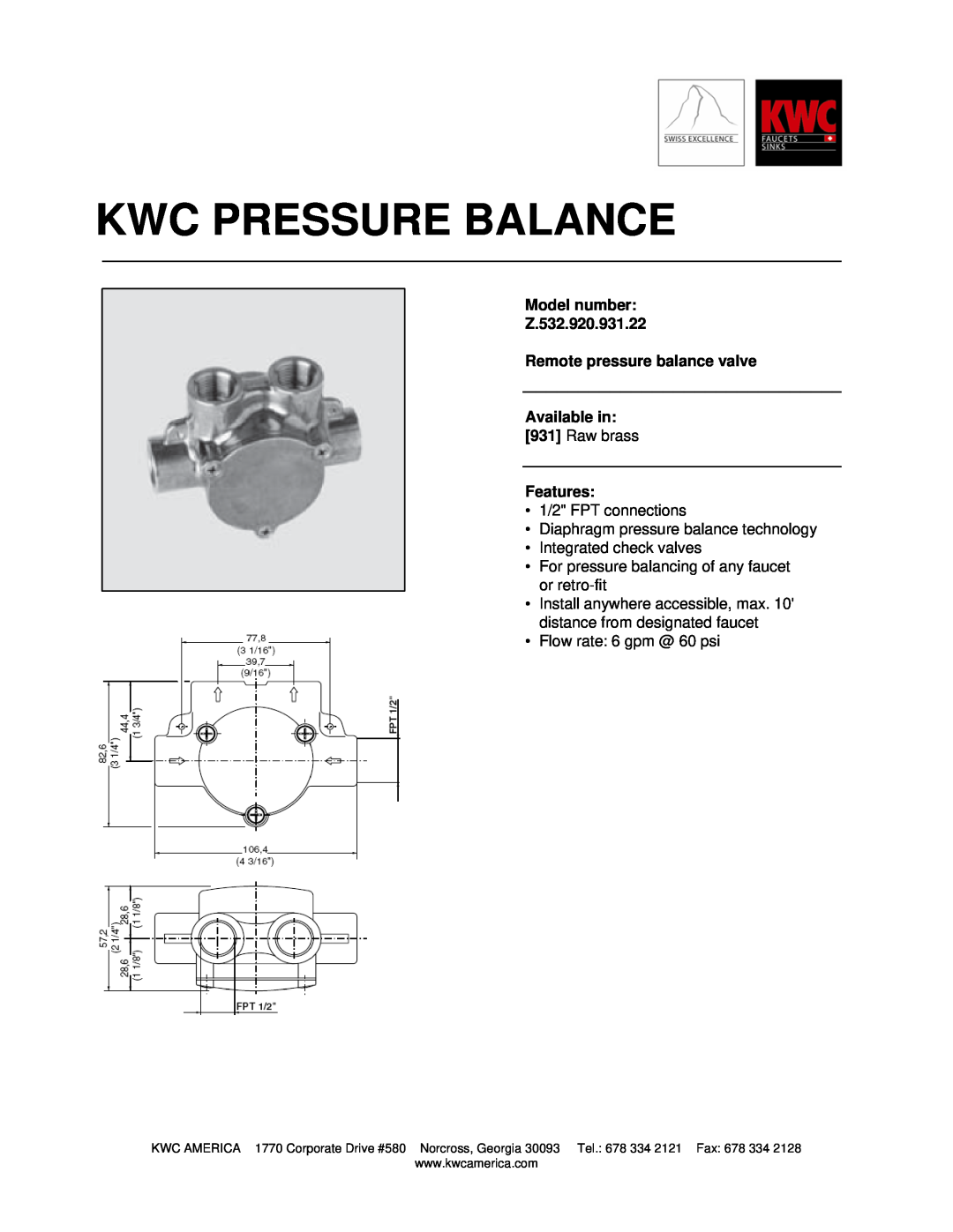 KWC manual Kwc Pressure Balance, Model number Z.532.920.931.22, Remote pressure balance valve Available in, Features 