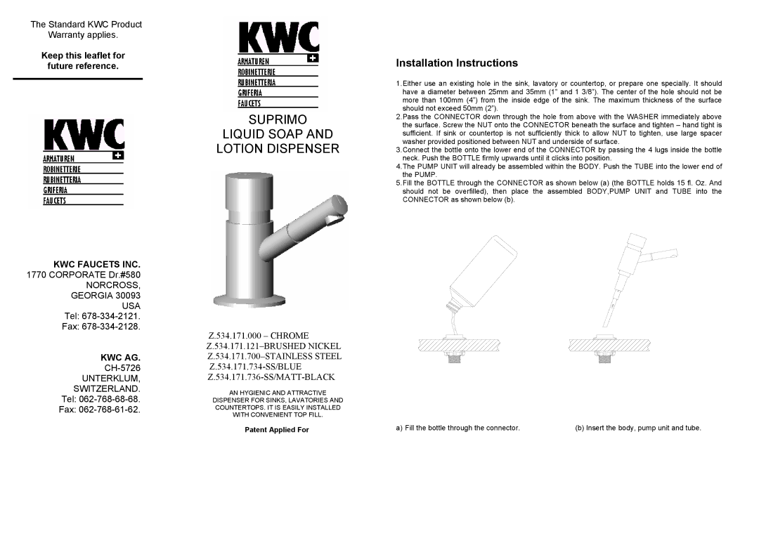 KWC Z.534.171.736, Z.534.171.734 installation instructions Suprimo Liquid Soap Lotion Dispenser, Installation Instructions 