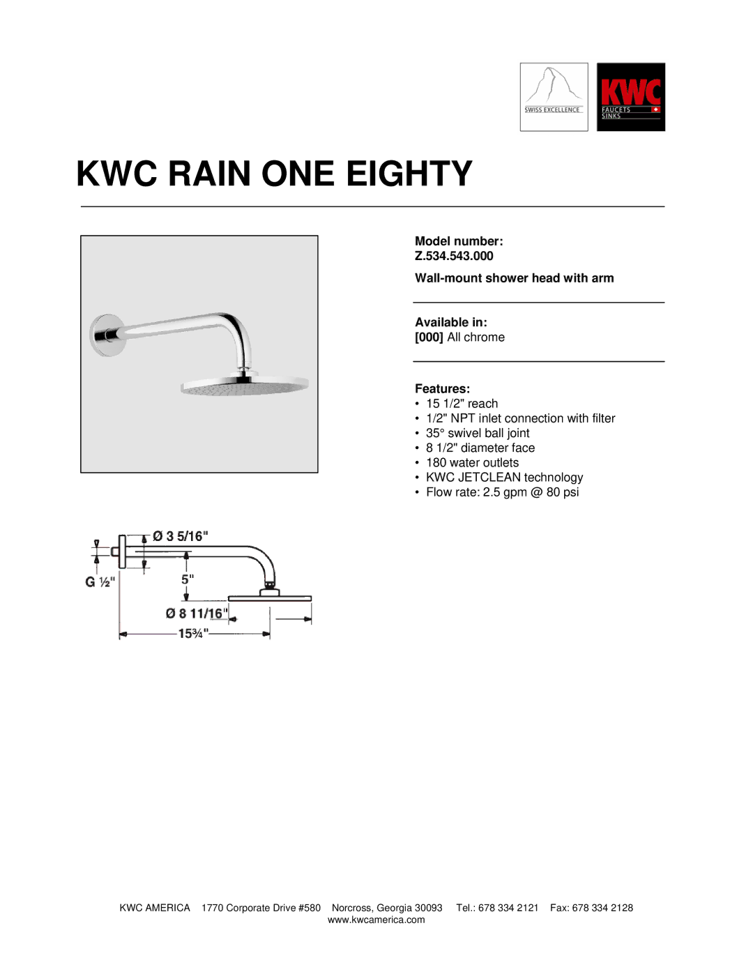 KWC Z.534.543.000 manual KWC Rain ONE Eighty, Features 