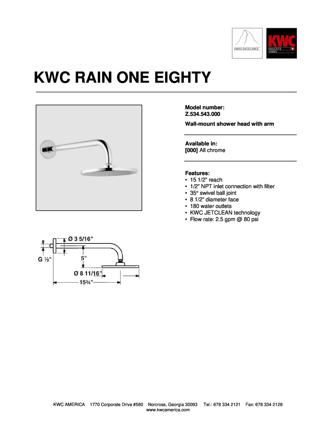 KWC manual Kwc Rain One Eighty, Model number Z.534.543.000, Wall-mountshower head with arm Available in, All chrome 