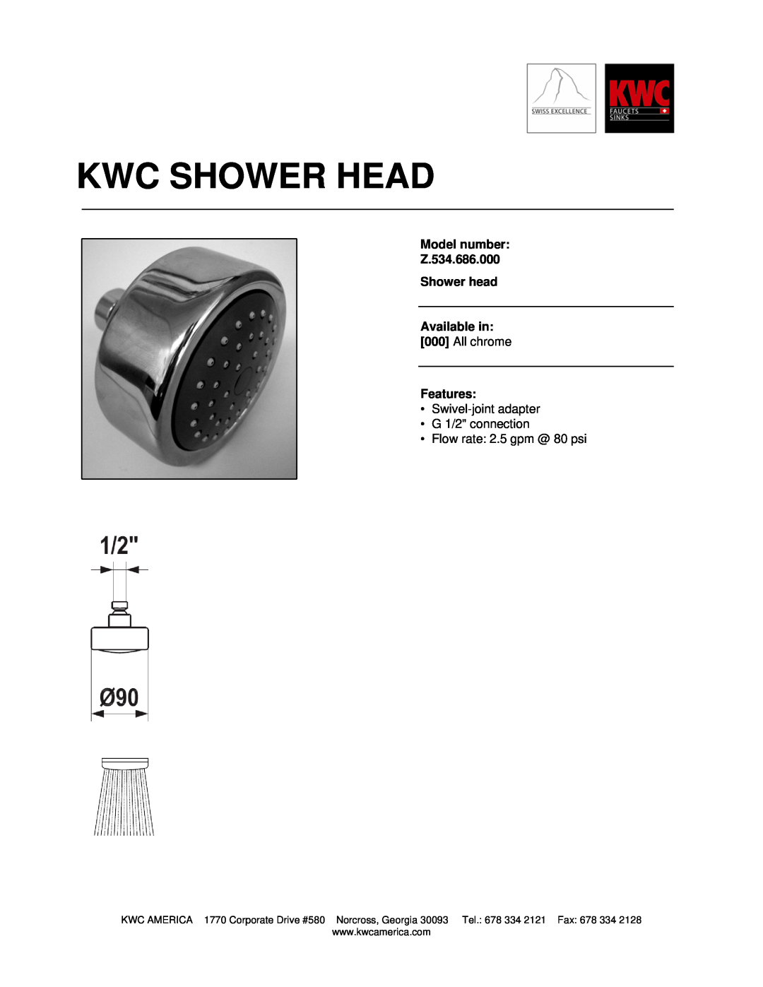 KWC manual Kwc Shower Head, Model number Z.534.686.000 Shower head, Available in 000 All chrome Features 