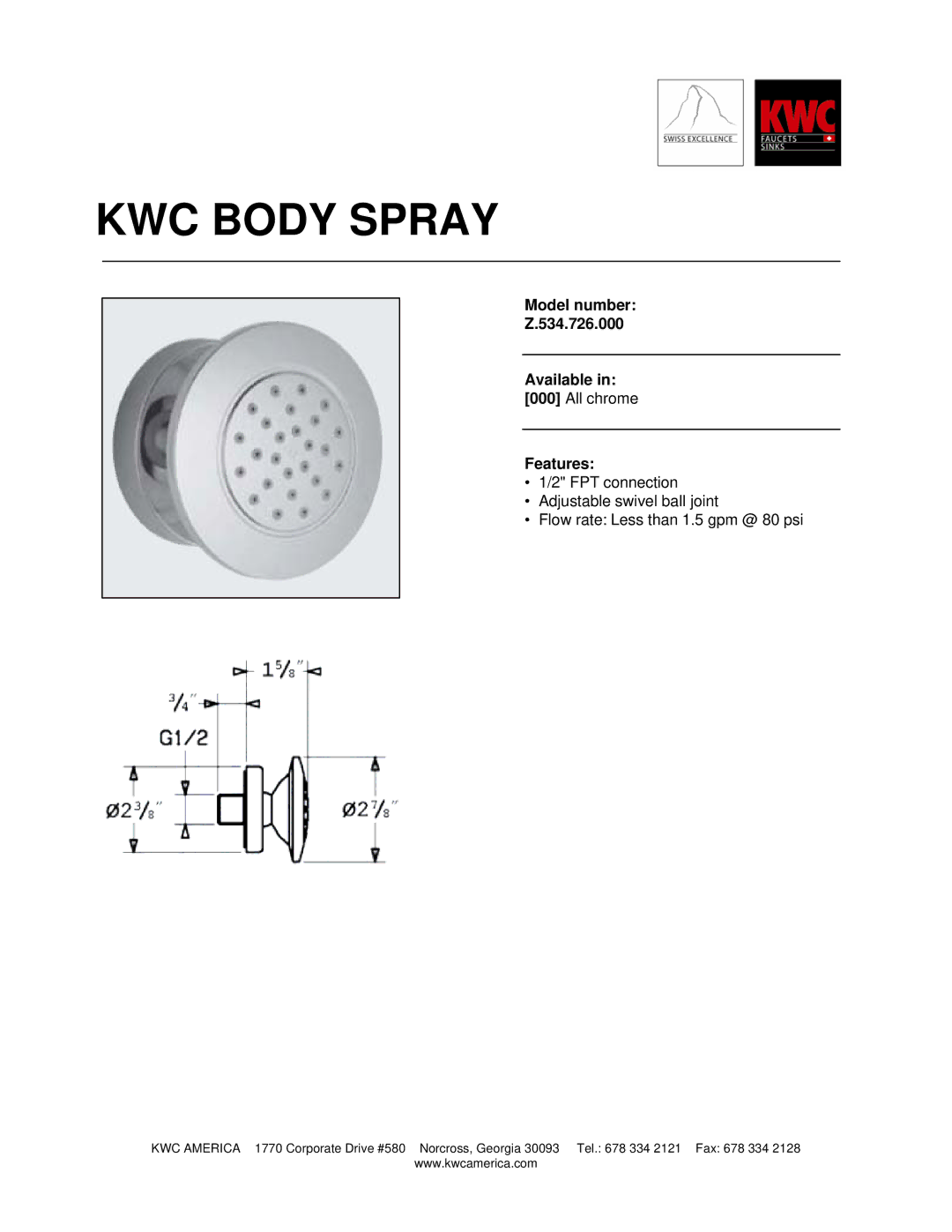 KWC Z.534.726.000 manual KWC Body Spray, Model number 534.726.000 Available, Features 