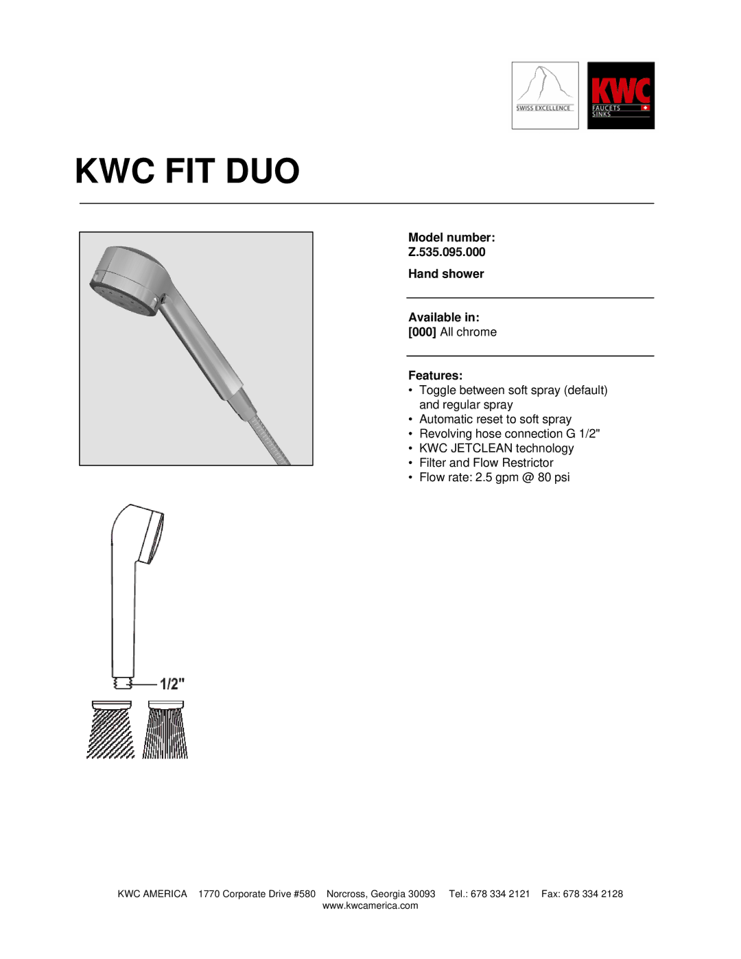 KWC Z.535.095.000 manual Kwc Fit Duo, Model number 535.095.000 Hand shower Available, Features 