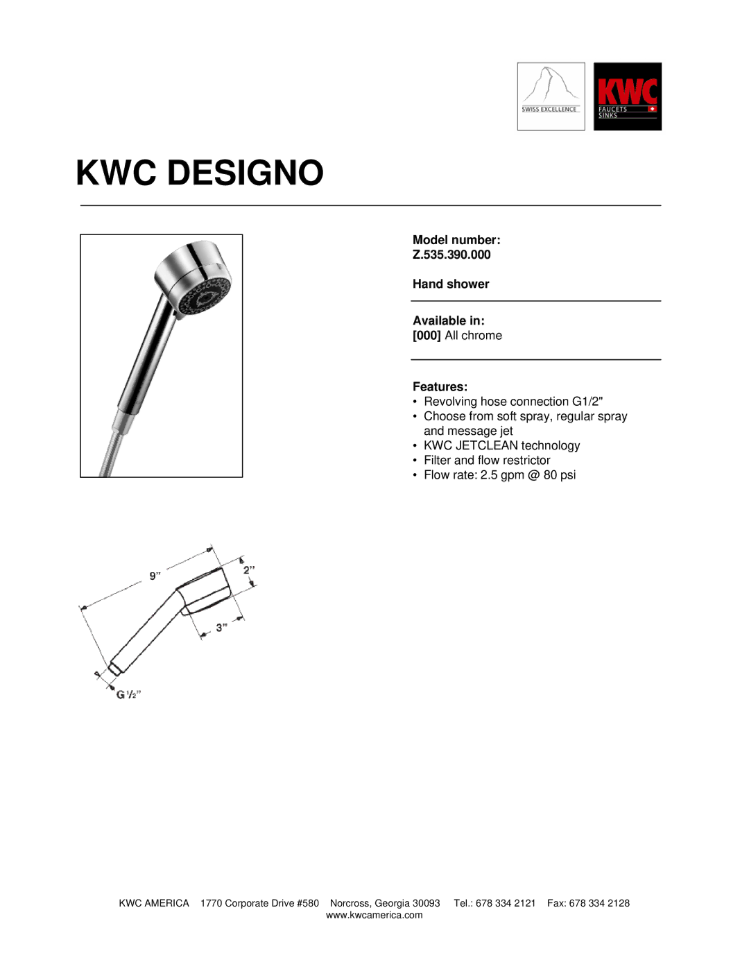 KWC Z.535.390.000 manual KWC Designo, Model number 535.390.000 Hand shower Available, Features 