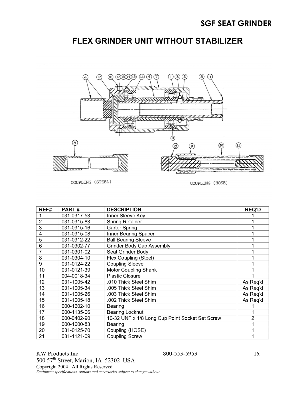 Kwik Tek 800-553-5953 manual Flex Grinder Unit Without Stabilizer 