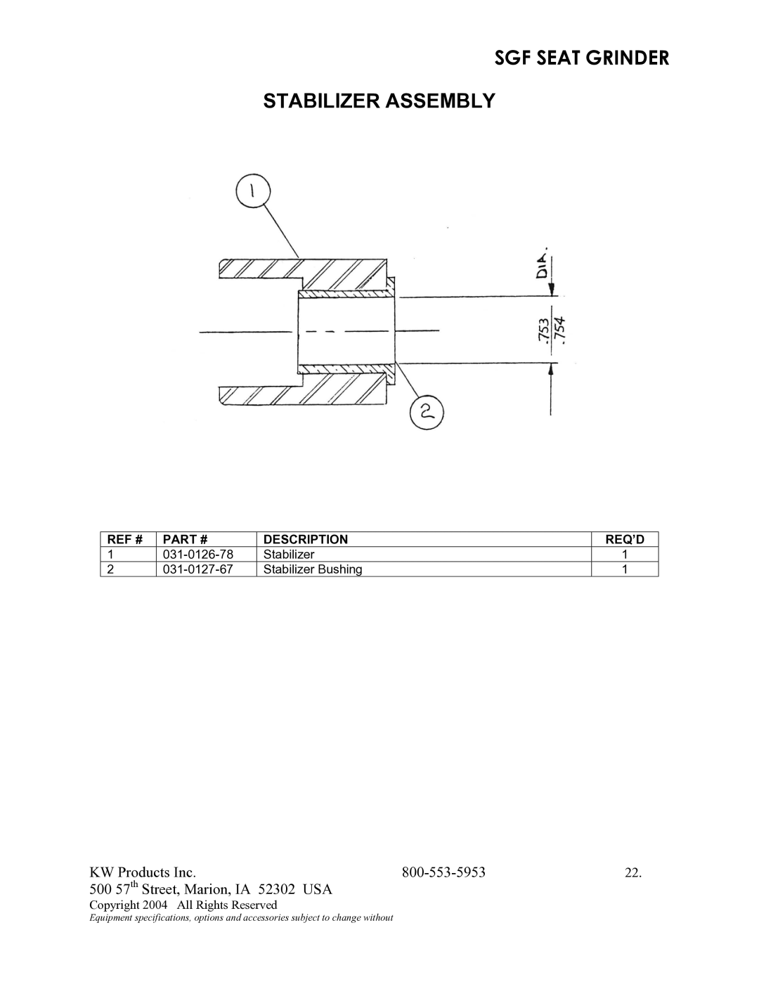 Kwik Tek 800-553-5953 manual Stabilizer Assembly 