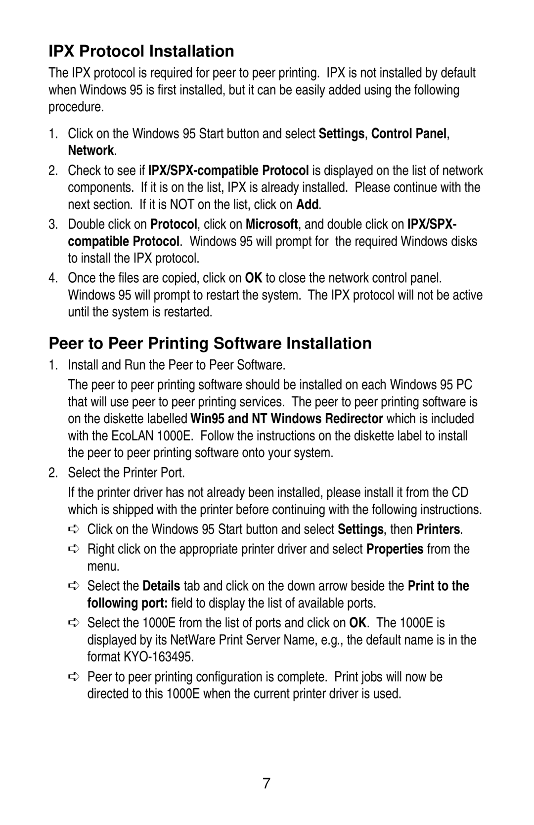 Kyocera 1000E manual IPX Protocol Installation, Peer to Peer Printing Software Installation, Select the Printer Port 