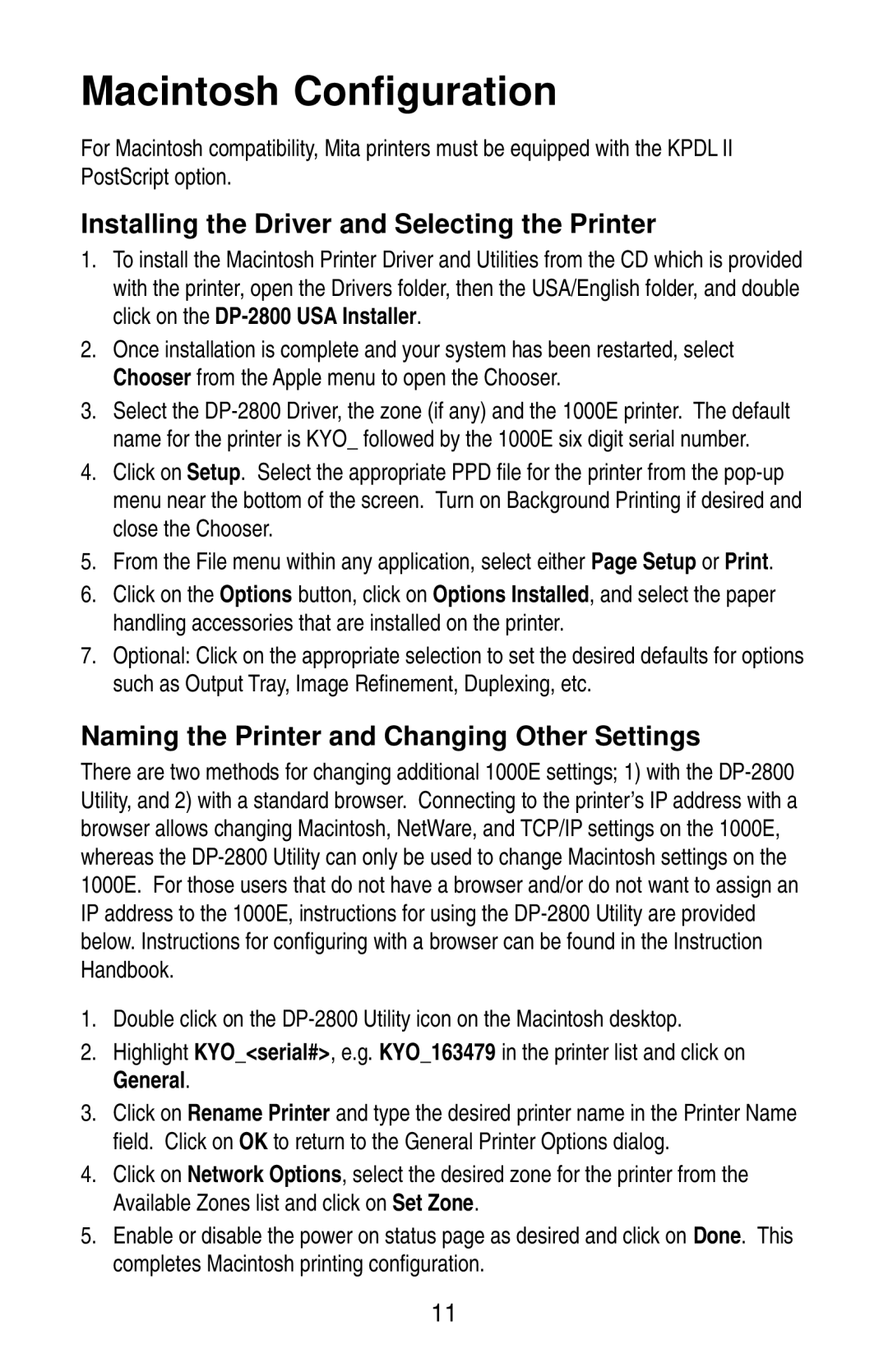 Kyocera 1000E manual Macintosh Configuration, Installing the Driver and Selecting the Printer 