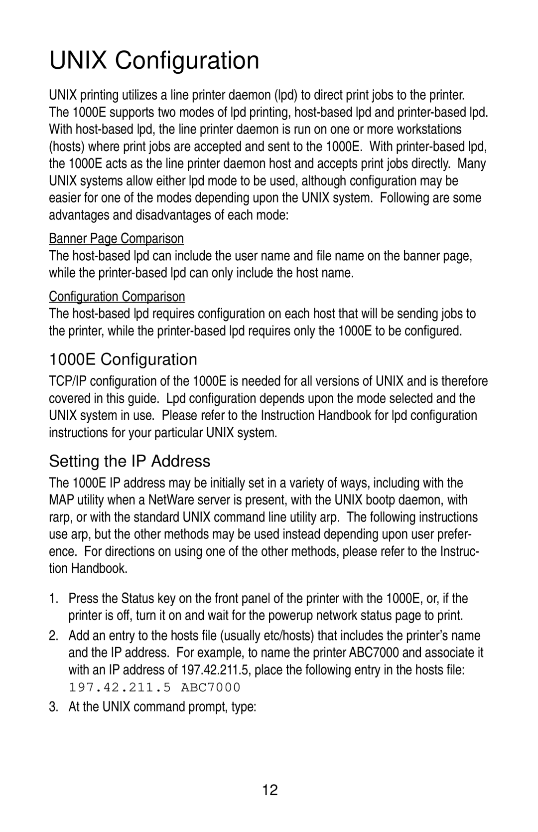 Kyocera manual Unix Configuration, 1000E Configuration, Setting the IP Address 