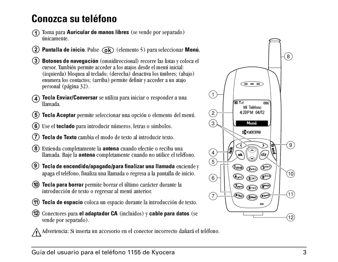 Kyocera 1100 manual Conozca su teléfono 