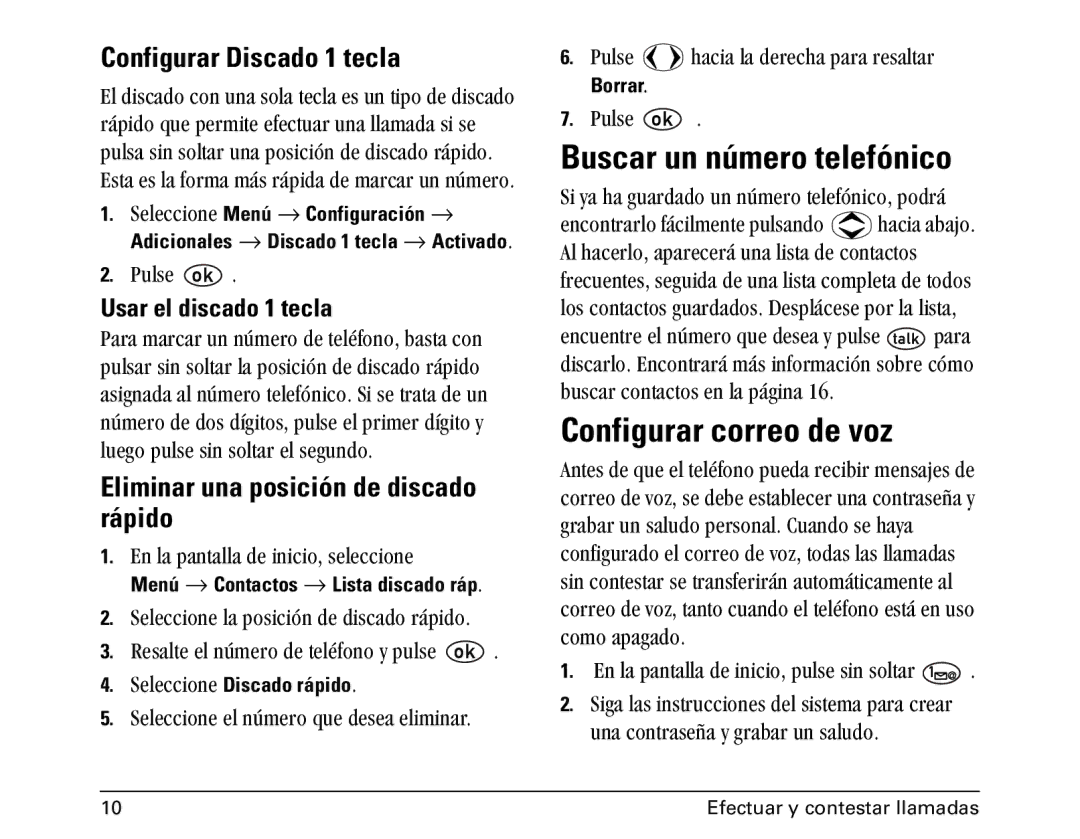 Kyocera 1100 Buscar un número telefónico, Configurar correo de voz, Configurar Discado 1 tecla, Usar el discado 1 tecla 