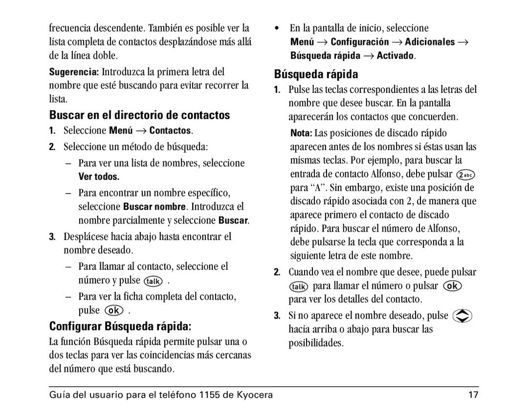 Kyocera 1100 manual Buscar en el directorio de contactos, Configurar Búsqueda rápida 