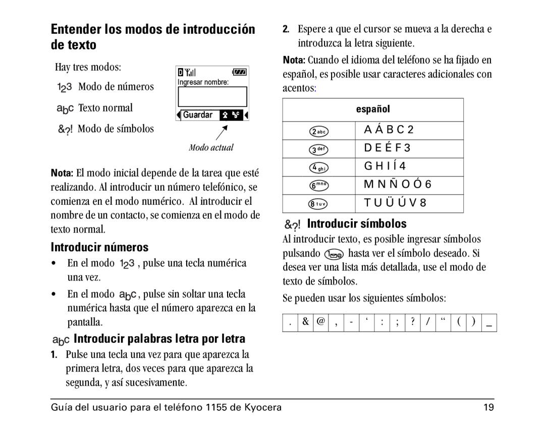 Kyocera 1100 manual Entender los modos de introducción de texto, Introducir números, Introducir palabras letra por letra 