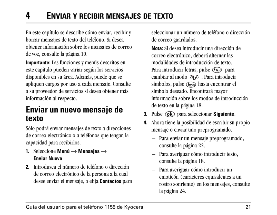 Kyocera 1100 manual Enviar un nuevo mensaje de texto, Enviar Y Recibir Mensajes DE Texto 