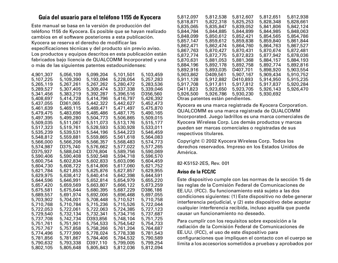 Kyocera 1100 manual Guía del usuario para el teléfono 1155 de Kyocera 