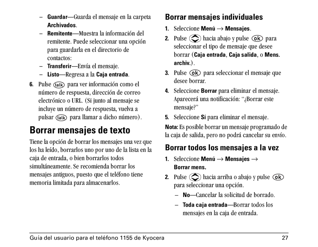 Kyocera 1100 manual Borrar mensajes de texto, Borrar mensajes individuales, Borrar todos los mensajes a la vez 