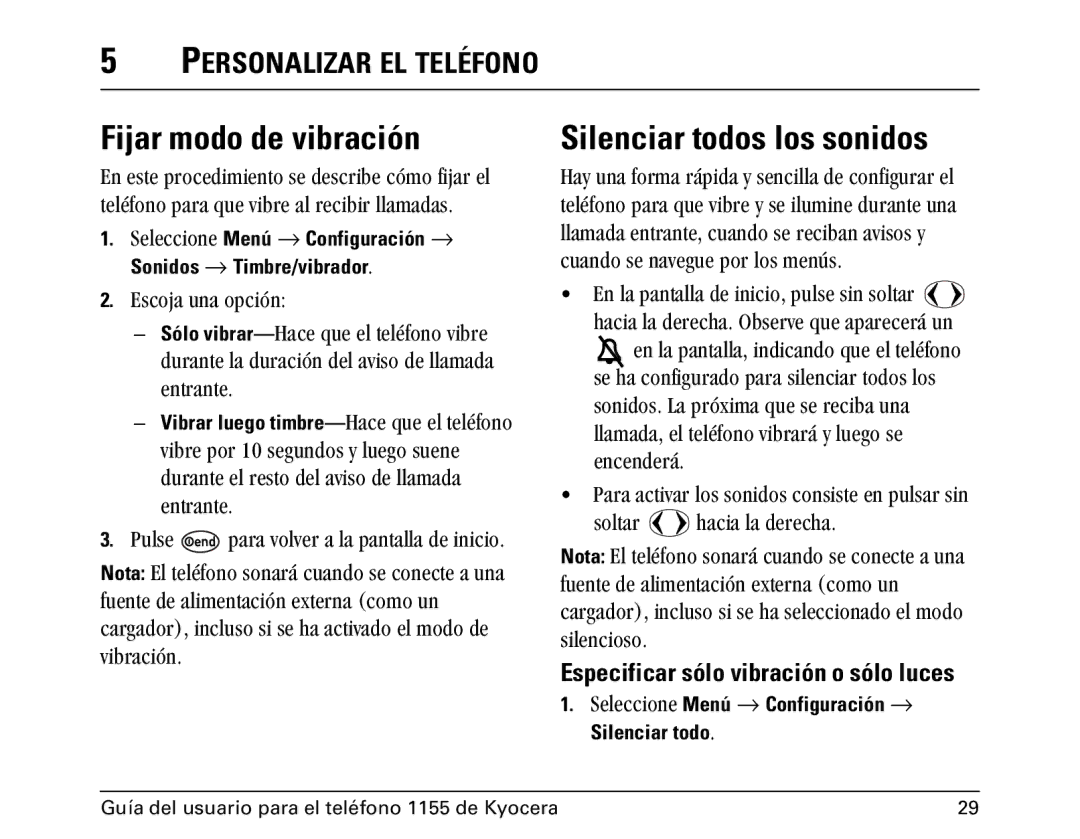 Kyocera 1100 manual Fijar modo de vibración, Silenciar todos los sonidos, Personalizar EL Teléfono 