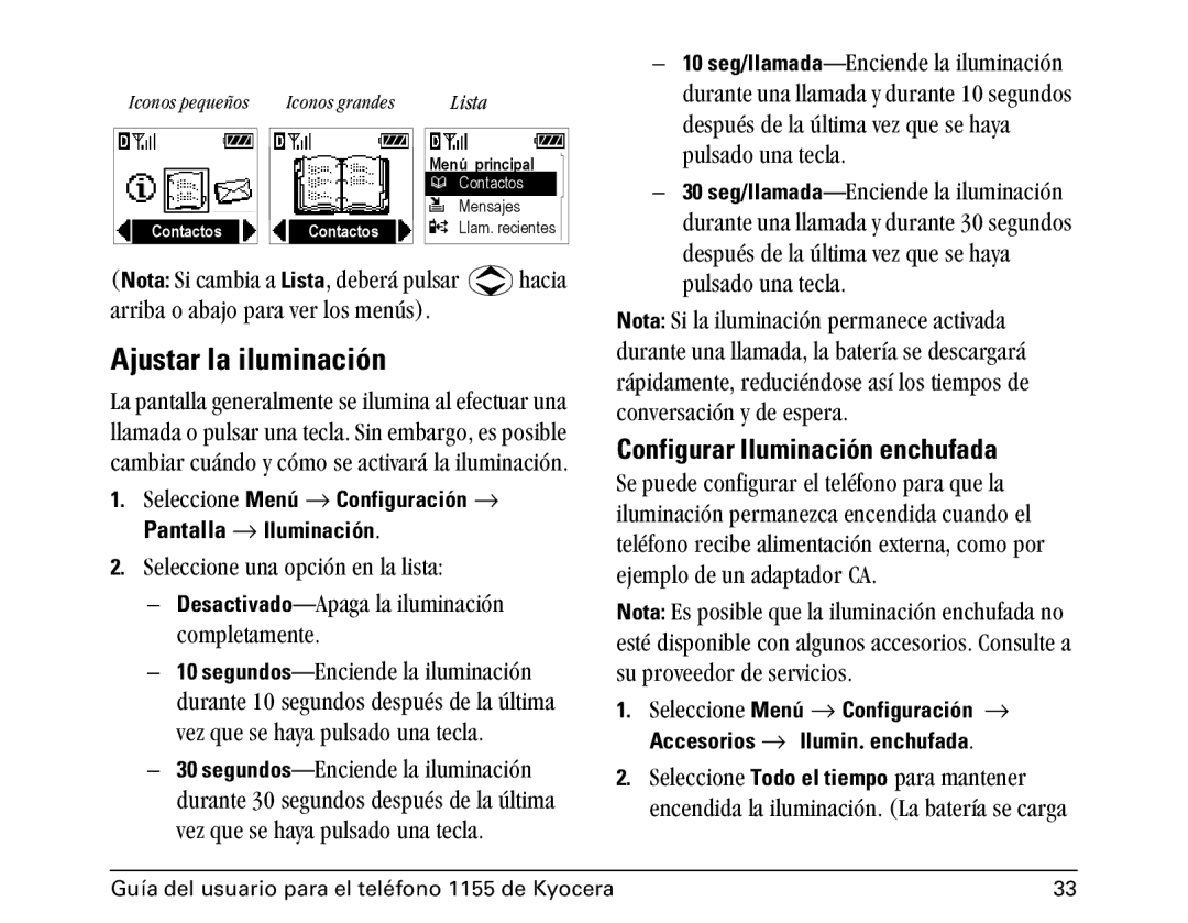 Kyocera 1100 manual Ajustar la iluminación, Configurar Iluminación enchufada, PÉäÉÅÅáçåÉ=ìå~=çéÅáµå=Éå=ä~=äáëí~W 