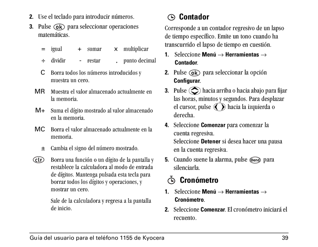 Kyocera 1100 manual Contador, Cronómetro, ÇÉ=áåáÅáçK, MìäëÉ= =é~ê~=ëÉäÉÅÅáçå~ê=ä~=çéÅáµå=, ConfigurarK= 