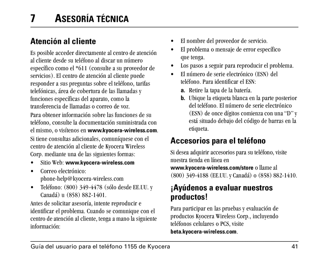 Kyocera 1100 Asesoría Técnica, Atención al cliente, Accesorios para el teléfono, ¡Ayúdenos a evaluar nuestros, Productos 