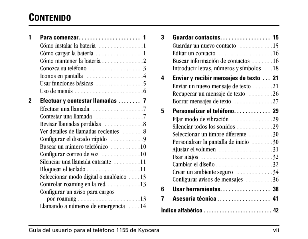 Kyocera 1100 manual Contenido, Guía del usuario para el teléfono 1155 de Kyocera Vii 