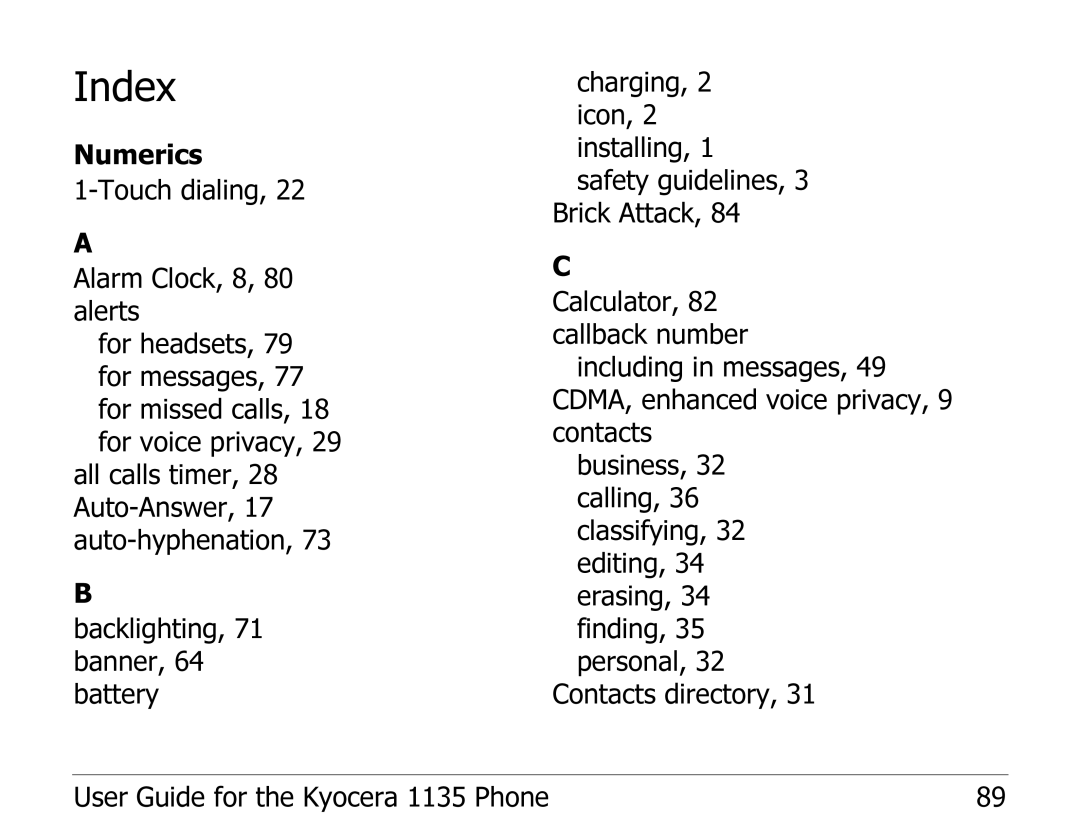 Kyocera 1135 manual Index 