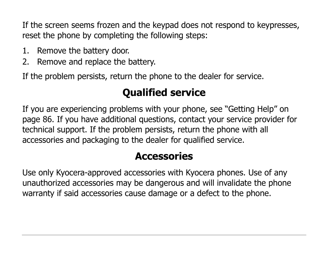 Kyocera 1135 manual Qualified service, Accessories 