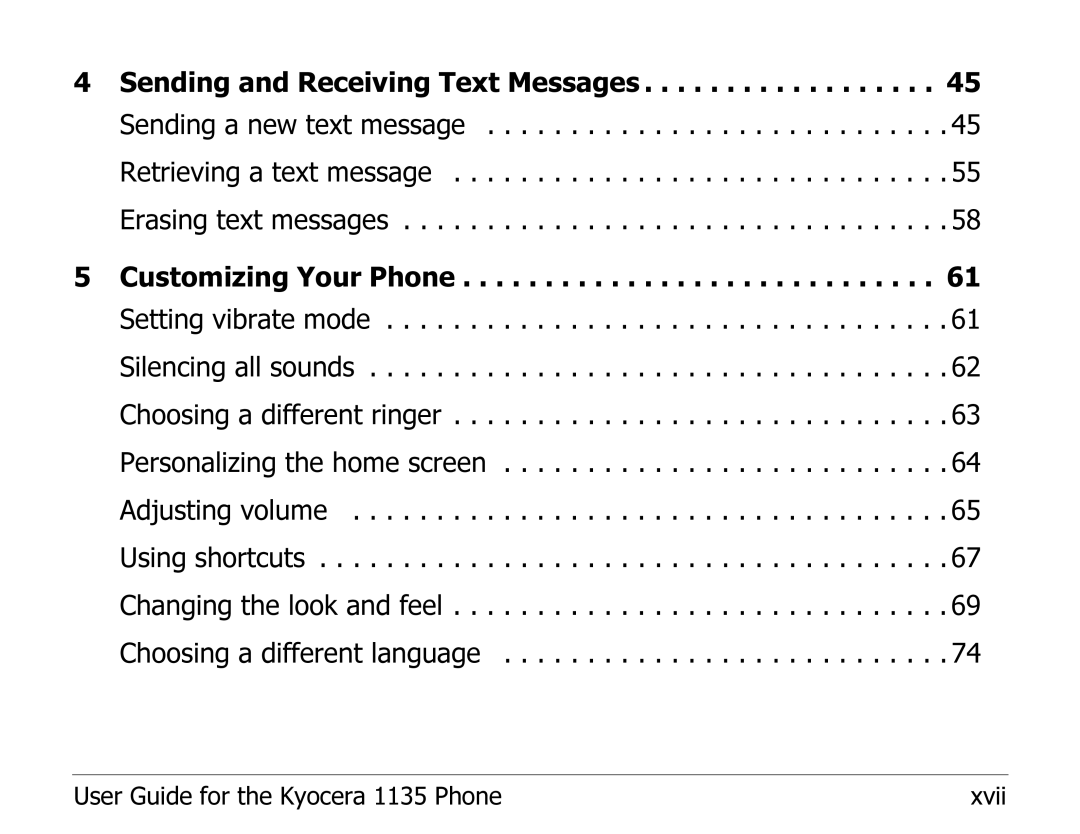 Kyocera manual User Guide for the Kyocera 1135 Phone Xvii 