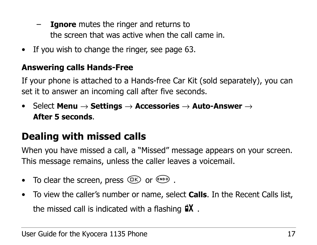 Kyocera 1135 manual Dealing with missed calls 