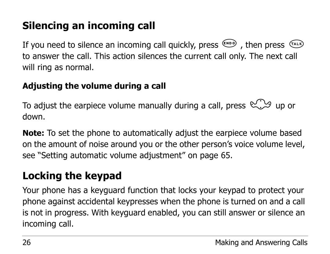 Kyocera 1135 manual Silencing an incoming call, Locking the keypad 