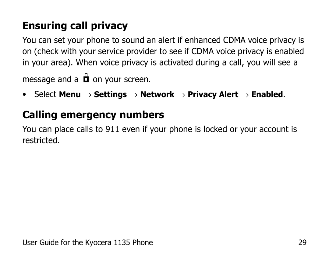 Kyocera 1135 manual Ensuring call privacy, Calling emergency numbers 