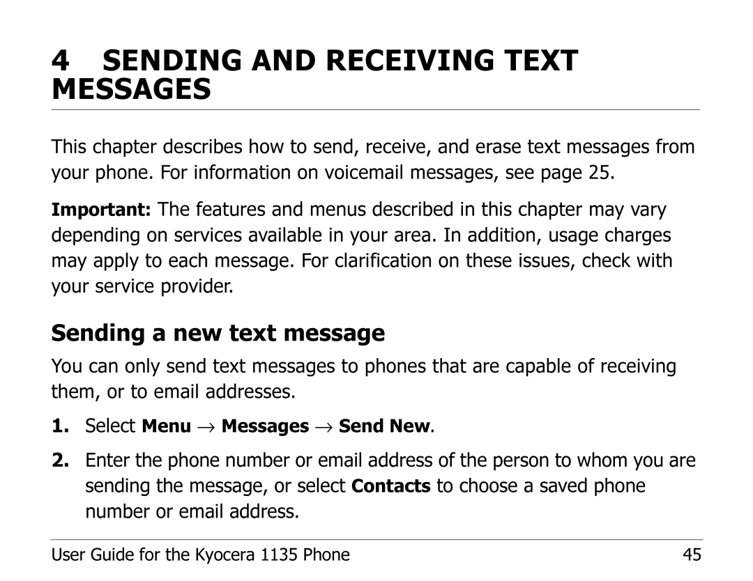 Kyocera 1135 manual Sending and Receiving Text Messages, Sending a new text message 