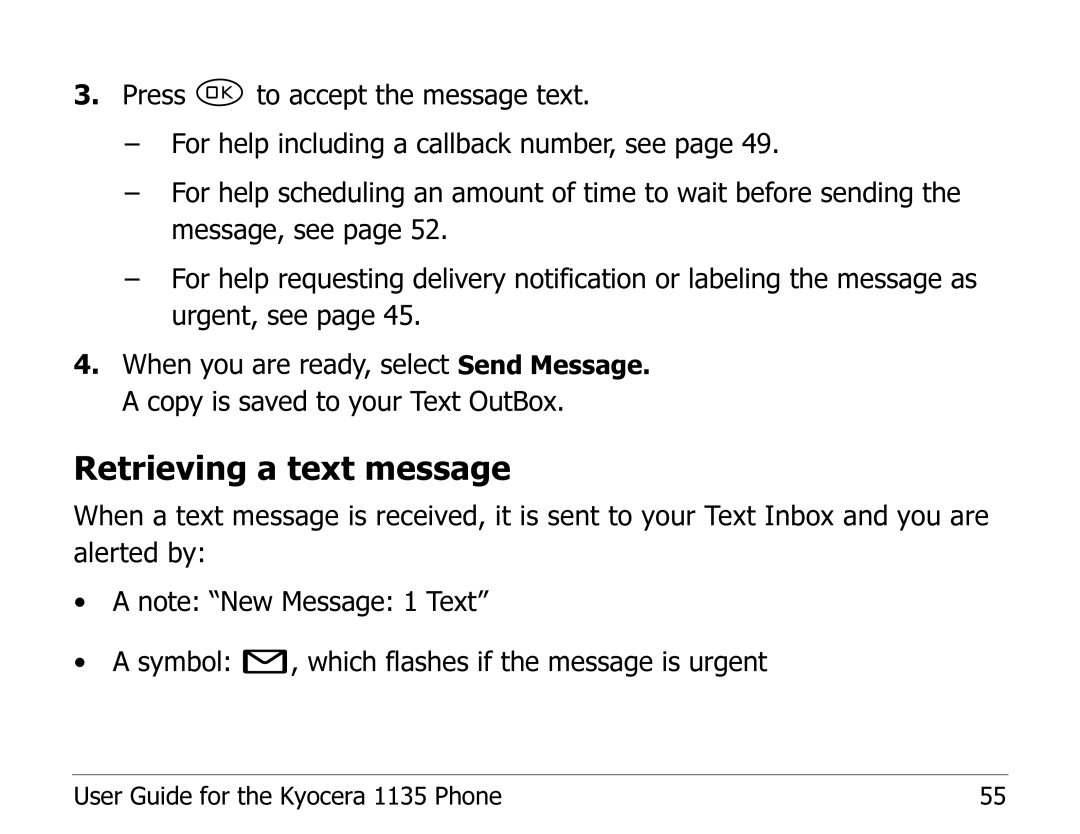 Kyocera 1135 manual Retrieving a text message 