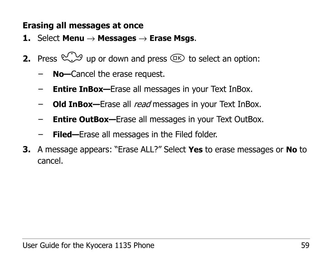 Kyocera 1135 manual Erasing all messages at once 
