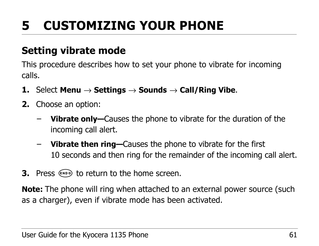 Kyocera 1135 manual Customizing Your Phone, Setting vibrate mode 