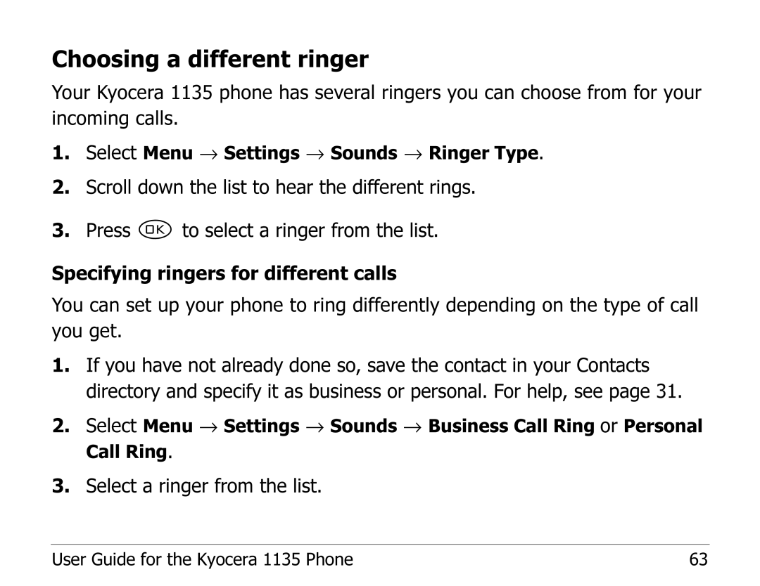 Kyocera 1135 manual Choosing a different ringer 