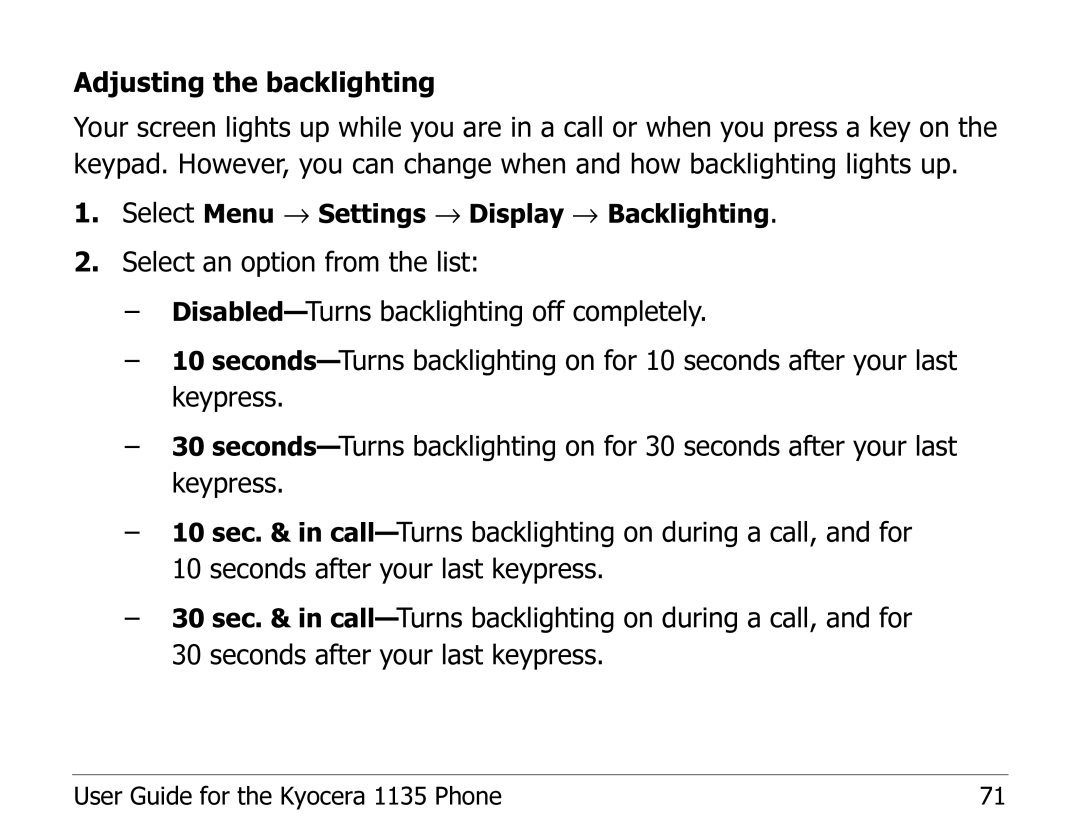 Kyocera 1135 manual Adjusting the backlighting 