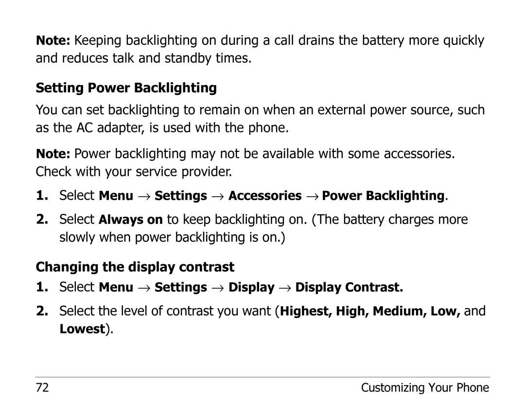 Kyocera 1135 manual Select Menu → Settings → Accessories → Power Backlighting 