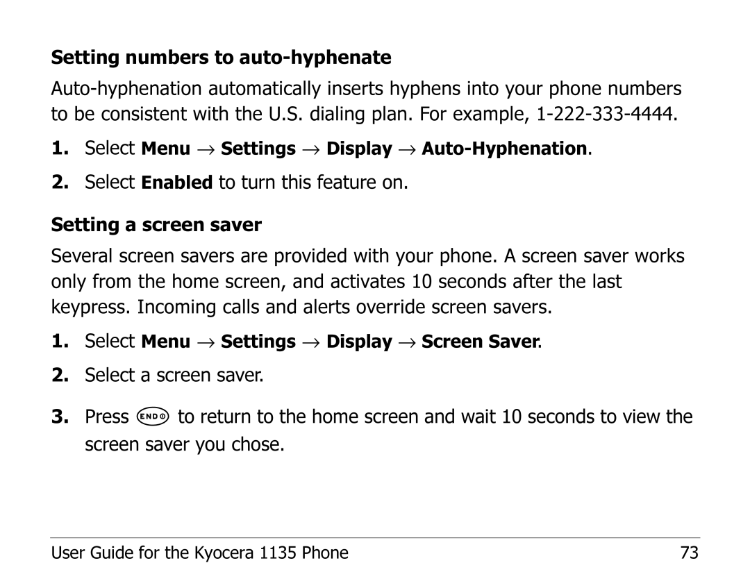 Kyocera 1135 manual Select Menu → Settings → Display → Auto-Hyphenation 