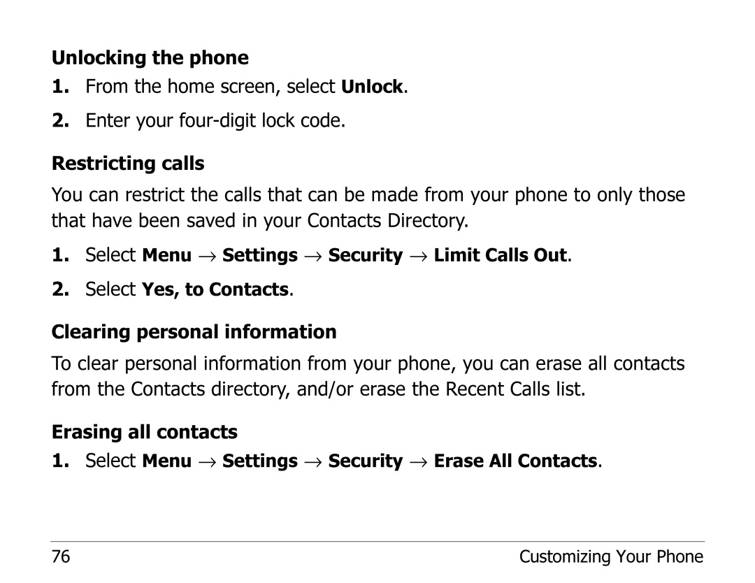 Kyocera 1135 manual Select Menu → Settings → Security → Erase All Contacts 