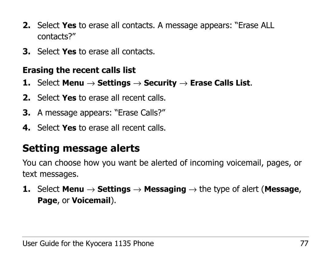 Kyocera 1135 manual Setting message alerts 