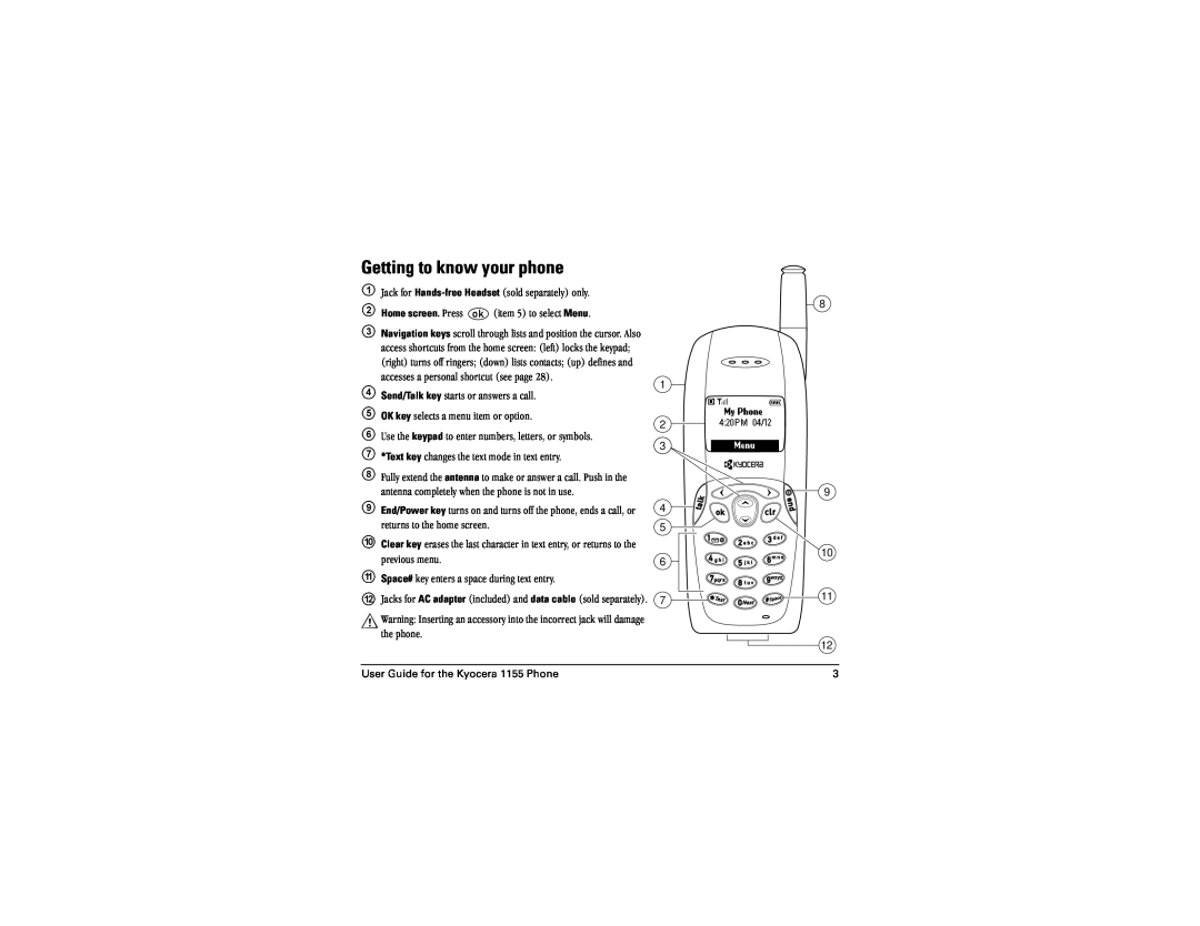 Kyocera 1155 manual Getting to know your phone, Home screen.=mêÉëë= =EáíÉã=RF=íç=ëÉäÉÅí=MenuK 