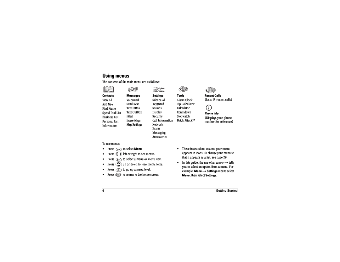 Kyocera 1155 manual Using menus, Contacts, Messages, Settings, Tools, Recent Calls, Phone Info 