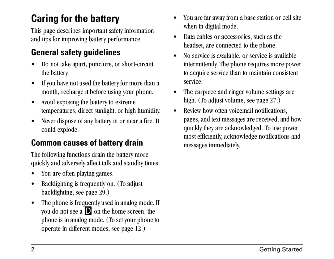 Kyocera 1155 manual Caring for the battery, General safety guidelines, Common causes of battery drain 