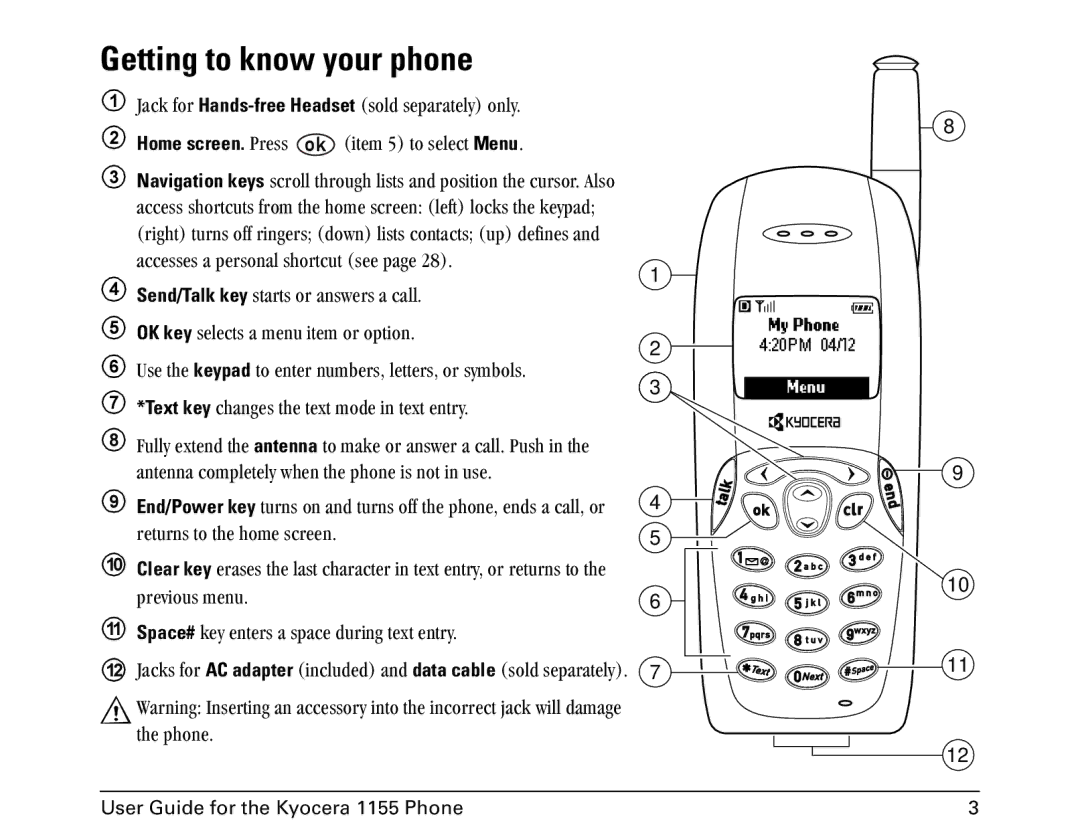 Kyocera 1155 manual Getting to know your phone, Home screen.=mêÉëë= =EáíÉã=RF=íç=ëÉäÉÅí=MenuK 