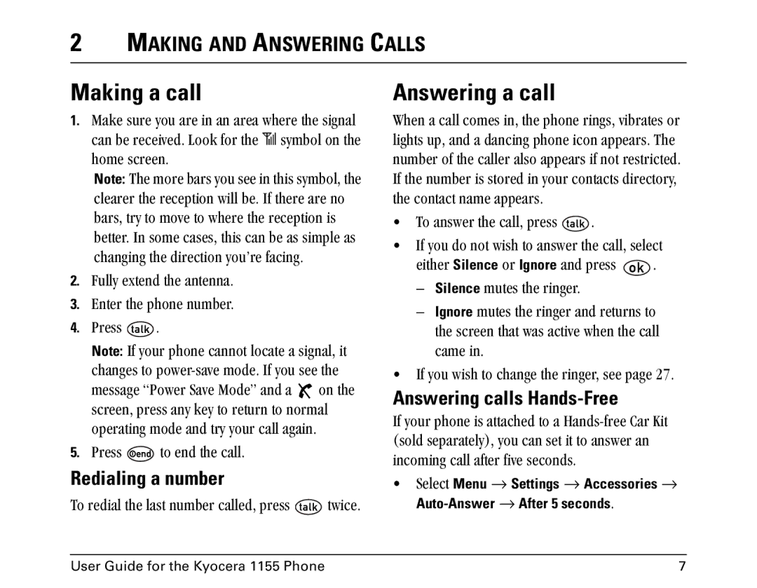 Kyocera 1155 Making a call, Answering a call, Making and Answering Calls, Redialing a number, Answering calls Hands-Free 